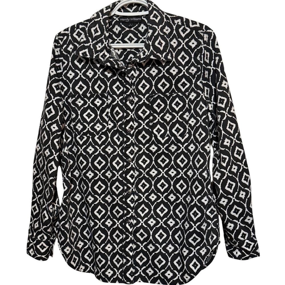 Wendy Williams Women's Black & White Long Sleeve Button Front Blouse Size M